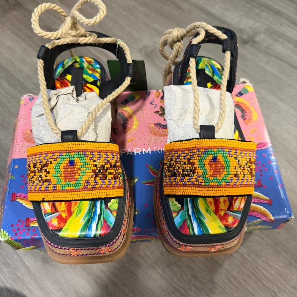 Farm Rio Beaded‎ Banana Flatform Sandals Black Multi Tropical Rope Tie Womens 7